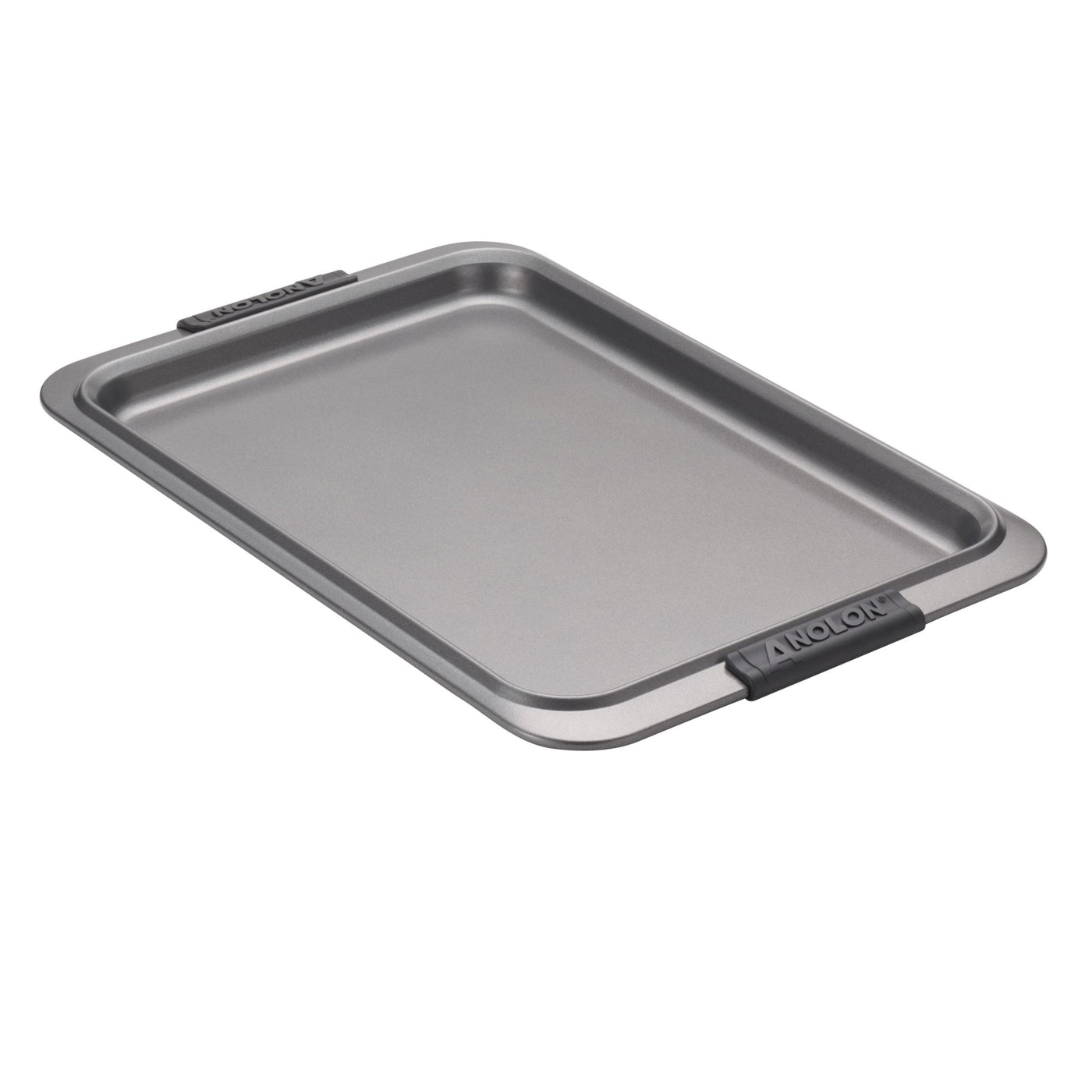 Introducing the Advanced Cookie Sheet with Silicone Grips, a non-stick rectangular baking sheet featuring raised edges and black silicone grips at both ends for easy handling. Designed to ensure even heat distribution, this high-quality metal sheet is perfect for all your baking and roasting needs, beautifully showcased against a pristine white background.