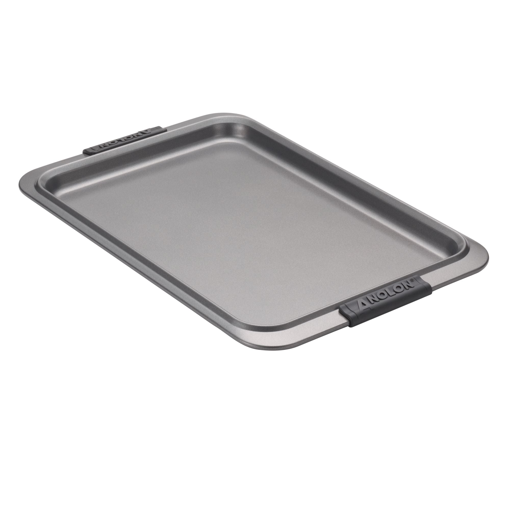 Introducing the Advanced Cookie Sheet with Silicone Grips, a non-stick rectangular baking sheet featuring raised edges and black silicone grips at both ends for easy handling. Designed to ensure even heat distribution, this high-quality metal sheet is perfect for all your baking and roasting needs, beautifully showcased against a pristine white background.
