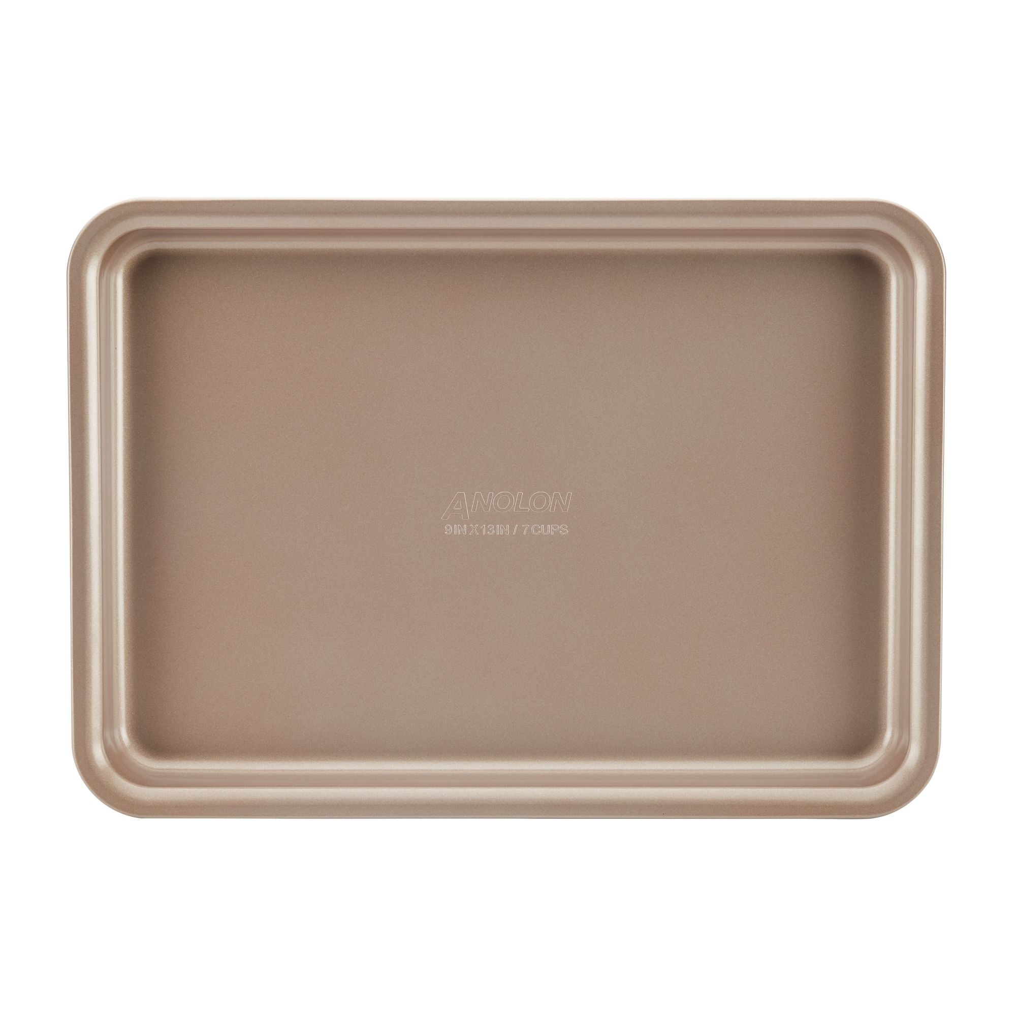 A beige, rectangular nonstick baking tray from the Gourmet 3-Piece Cookie Pan Set is viewed from above against a white background. The center of the tray features a subtle embossed logo and specifications, making it perfect for baking homemade cookies.