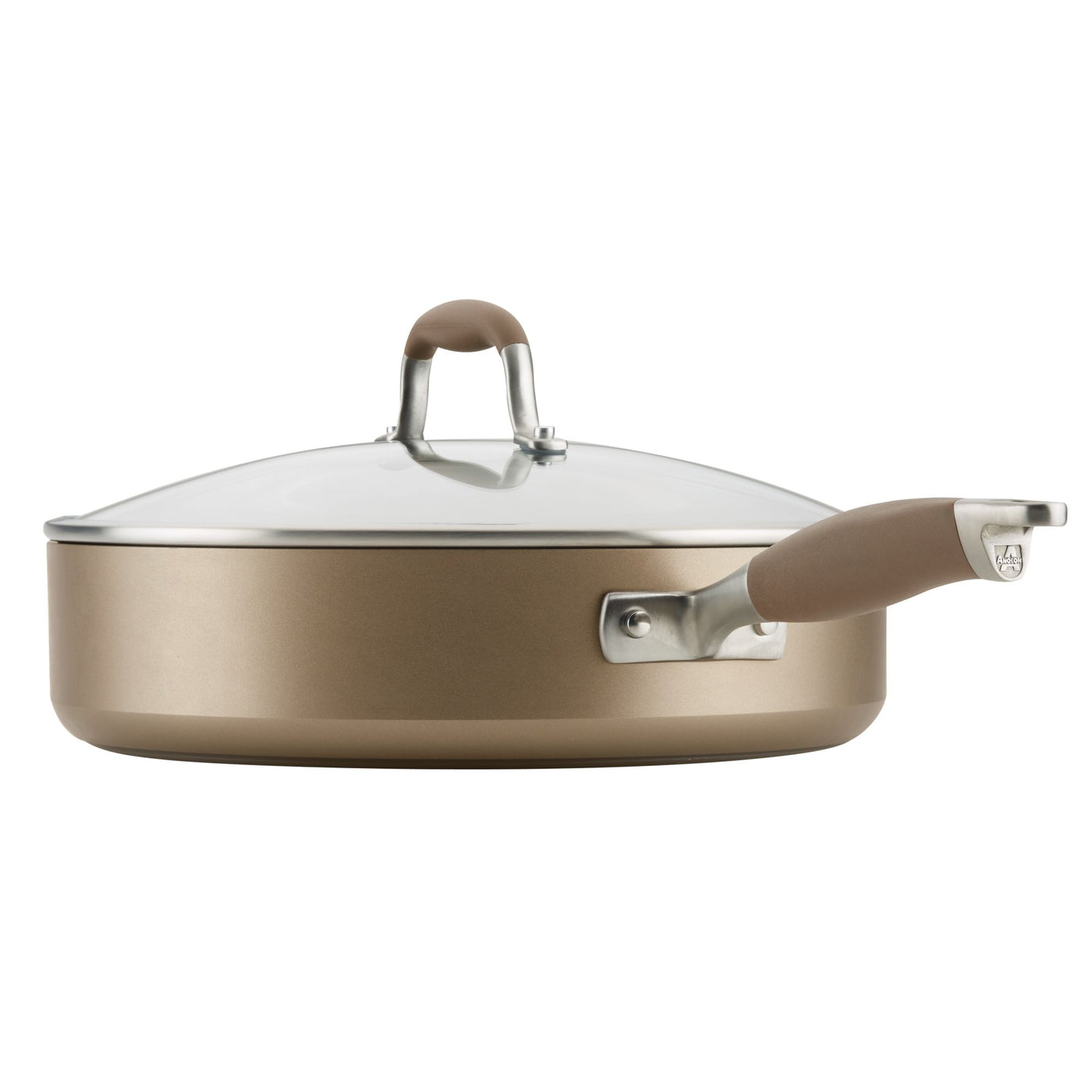 The 5-Quart Sauté Pan with Helper Handle by Advanced Home is a bronze-colored pan featuring a nonstick interior and a glass lid, complete with a beige handle. It boasts a sleek, modern design enhanced by stainless steel attachments, making it ideal for stove-top cooking.