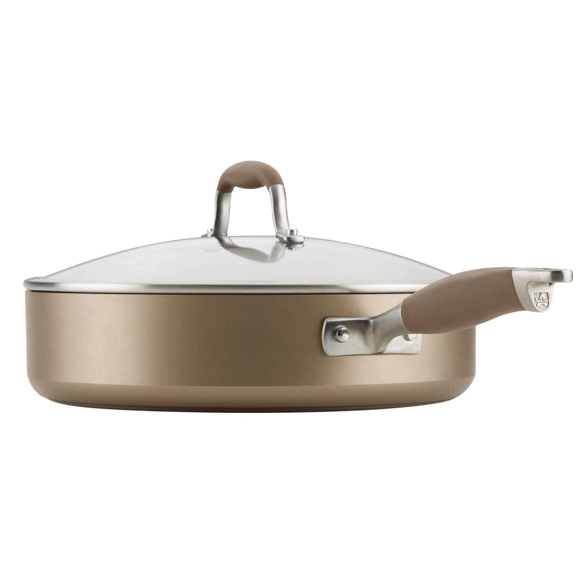 The 5-Quart Sauté Pan with Helper Handle by Advanced Home is a bronze-colored pan featuring a nonstick interior and a glass lid, complete with a beige handle. It boasts a sleek, modern design enhanced by stainless steel attachments, making it ideal for stove-top cooking.