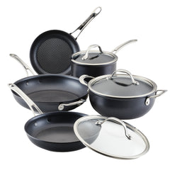 Explore the Anolon X 8-Piece Hybrid Nonstick Cookware Set, featuring SearTech technology. This versatile collection includes frying pans, saucepans, and pots with glass lids and stainless steel handles, all crafted for high-performance cooking in your kitchen.