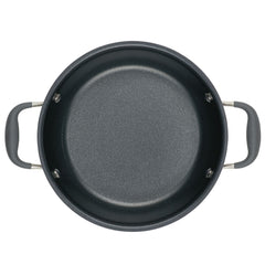 A top view of the Round Two Step Meal Set by Advanced Home reveals a hard-anodized, black non-stick cooking pot featuring two handles on either side. The pot's interior showcases a smooth, grayish surface, while its dark-colored handles enhance the overall design. It's an ideal 5-quart Dutch oven for any kitchen setup.