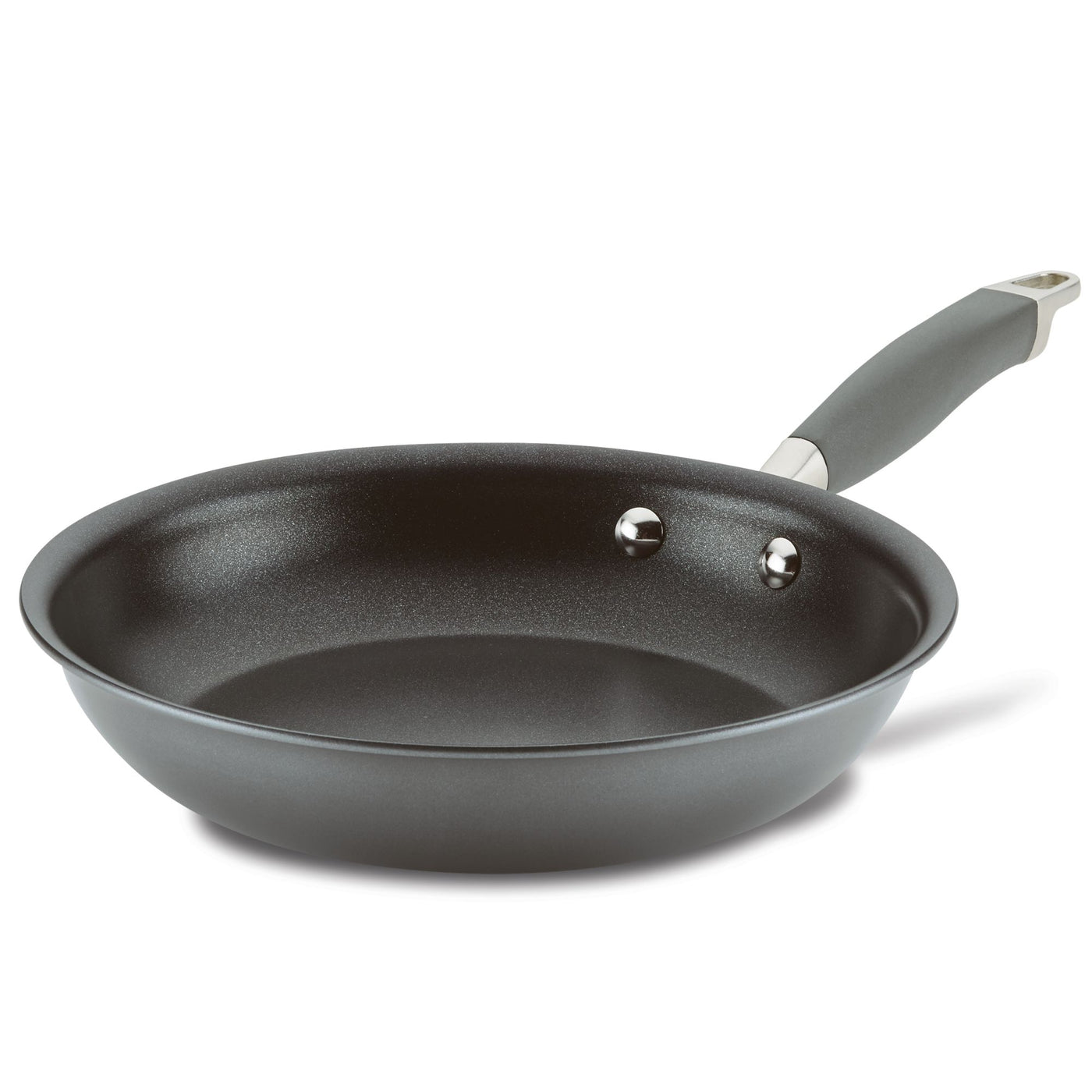 A Frying Pan by Advanced Home features a nonstick surface with a black finish, complemented by a gray ergonomic handle. The skillet is displayed empty against a white background, highlighting its smooth interior and the two rivets securing the handle. It incorporates Infinity Slide nonstick technology for enduring performance.