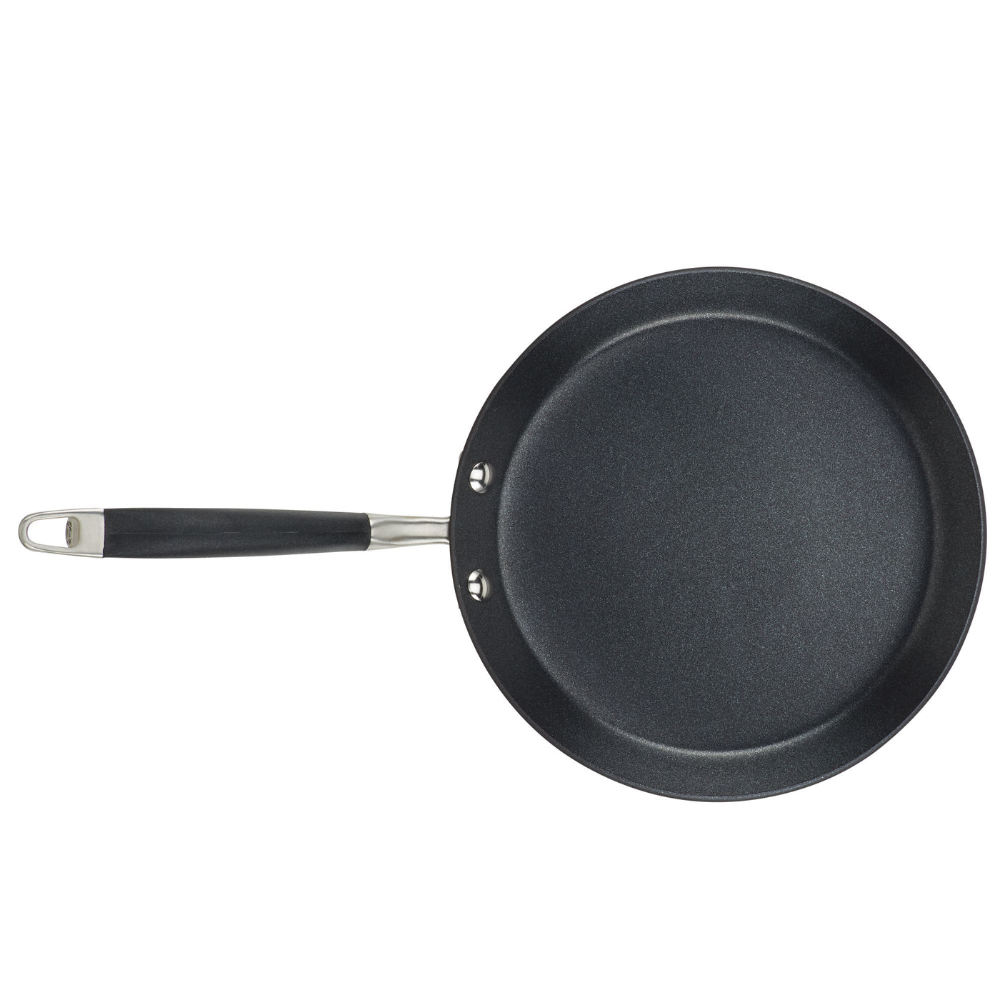 Introducing the 9.5-Inch Crepe Pan by Advanced Home, featuring a non-stick black surface and a durable metal handle equipped with a black grip and a convenient hole for hanging. Ideal for effortless cooking, this pan is showcased on a white background.