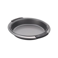 The Advanced 5-Piece Bakeware Set features round nonstick pans with rubber grips on the sides, perfect for baking banana nut bread, set against a plain white background.