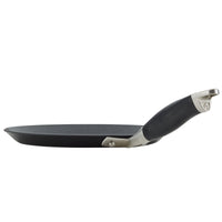 The 9.5-Inch Crepe Pan by Advanced Home, featuring a black non-stick surface and a sturdy handle, is displayed from a side angle against a plain white background, making cooking easy for delicious results.