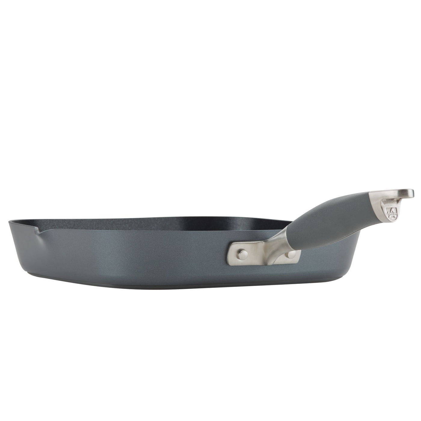 An 11-Inch Deep Square Grill Pan from Advanced Home, in dark gray with a nonstick cooking surface, is positioned against a white background. It features a slightly curved edge and sturdy handle secured by metal rivets, along with a small notch near the lip for easy pouring.