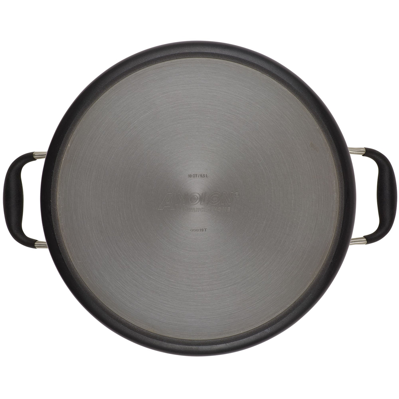 Top view of a round, metal lid from Advanced Home's 10-Quart Stockpot, featuring two black handles on either side. Designed for use with a wide stockpot, this predominantly silver lid boasts a brushed texture and small central markings to ensure even heat distribution across its surface.