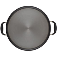 Top view of a round, metal lid from Advanced Home's 10-Quart Stockpot, featuring two black handles on either side. Designed for use with a wide stockpot, this predominantly silver lid boasts a brushed texture and small central markings to ensure even heat distribution across its surface.