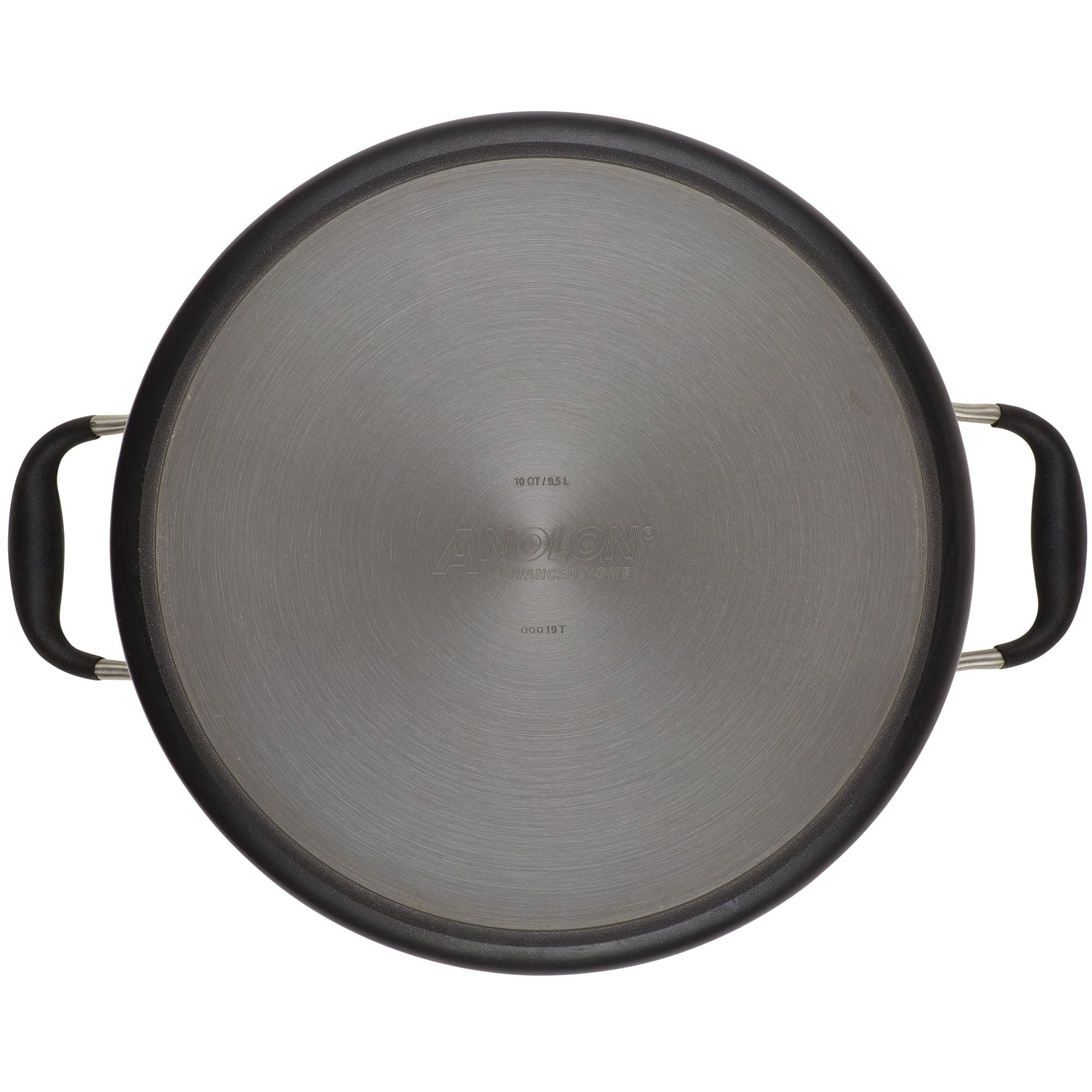 Top view of a round, metal lid from Advanced Home's 10-Quart Stockpot, featuring two black handles on either side. Designed for use with a wide stockpot, this predominantly silver lid boasts a brushed texture and small central markings to ensure even heat distribution across its surface.