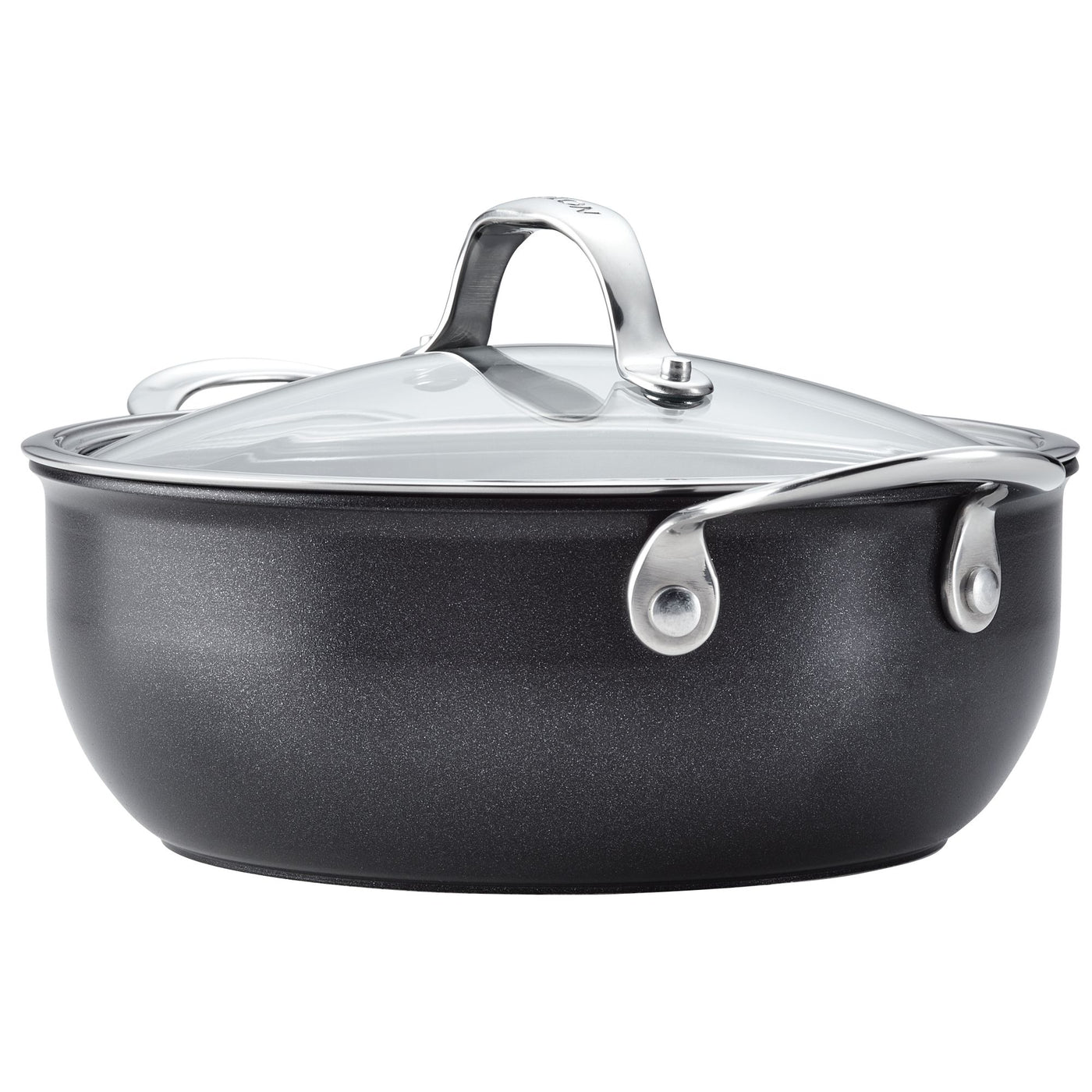 The Anolon X 4-Quart Hybrid Nonstick Casserole Pan features a black finish, ultra-durable nonstick surface, textured exterior, glass lid with metal handle, sturdy metal side handles, and a stainless steel base for even heat distribution. Its sleek design complements any modern kitchen.
