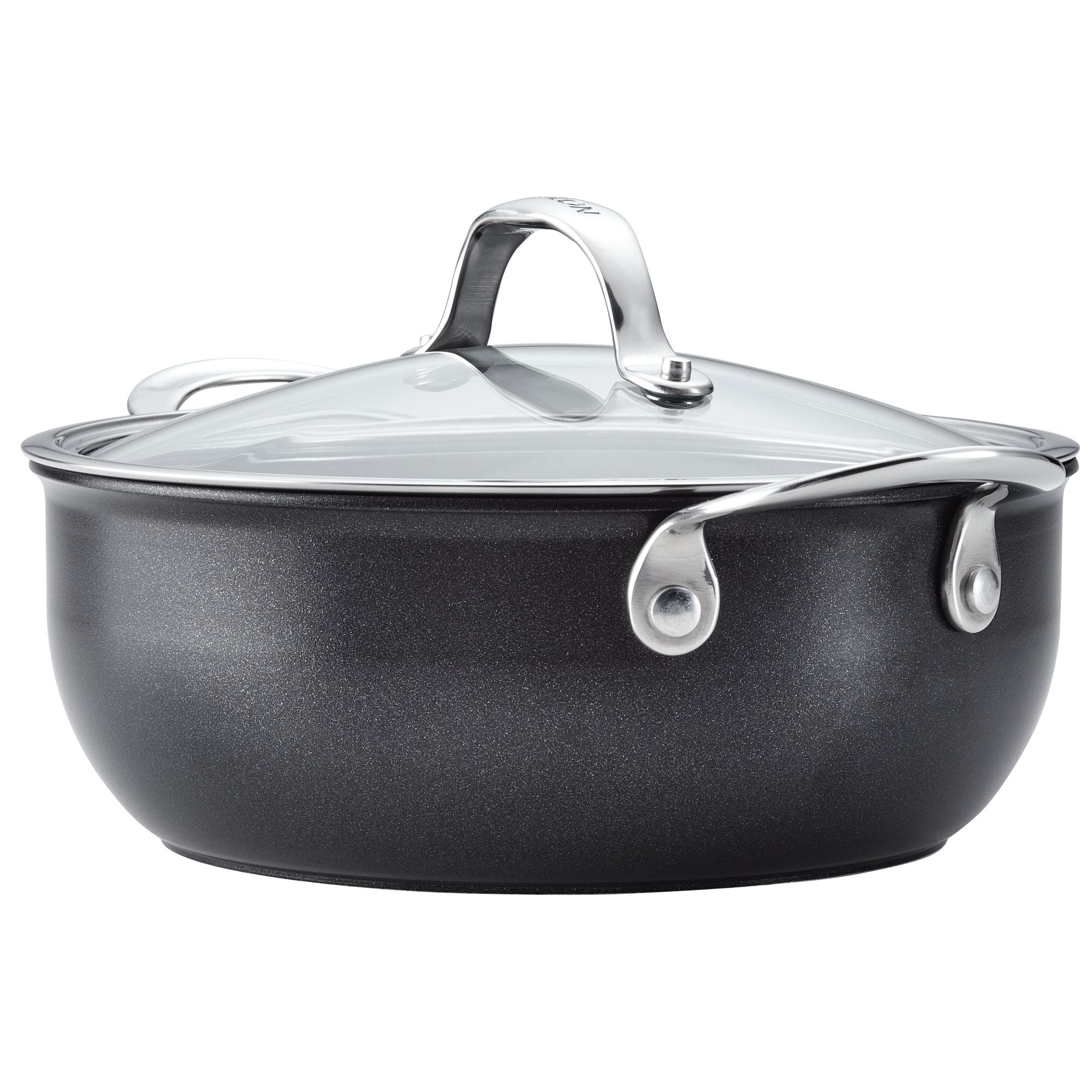 The Anolon X 4-Quart Hybrid Nonstick Casserole Pan features a black finish, ultra-durable nonstick surface, textured exterior, glass lid with metal handle, sturdy metal side handles, and a stainless steel base for even heat distribution. Its sleek design complements any modern kitchen.
