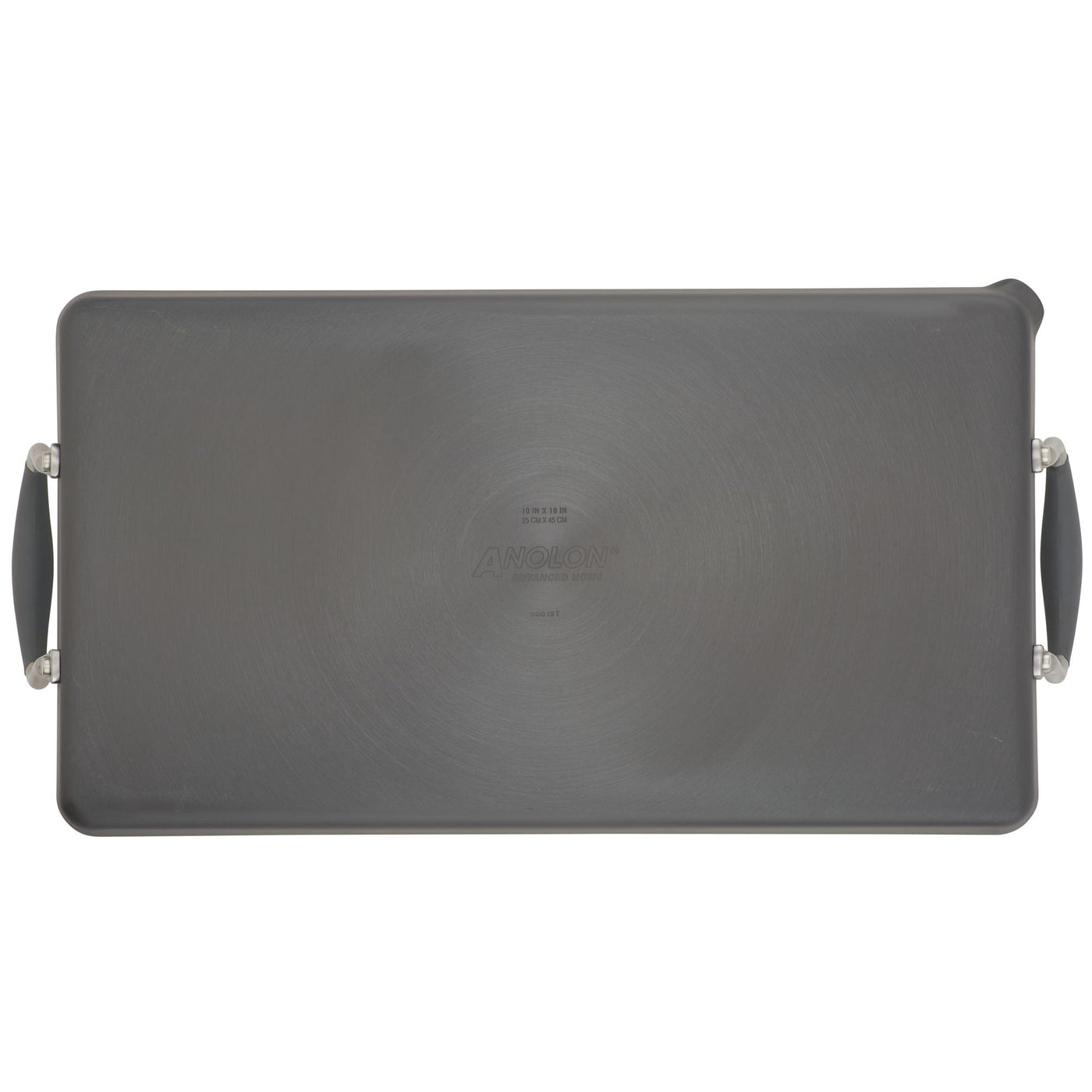 The Advanced Home 10 x 18-Inch Double Burner Griddle with Multi-Purpose Rack features SureGrip handles and a durable nonstick surface in dark gray, with the brand name embossed at the center for a stylish, functional look.