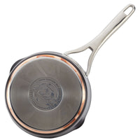 A top view of the Nouvelle Luxe 3.5-Quart Straining Saucepan highlights its stainless steel construction with a copper bottom, nonstick interior, and long handle. The center features the branding "Nouvelle Luxe," along with text indicating its compatibility with induction cooking and a convenient straining lid.