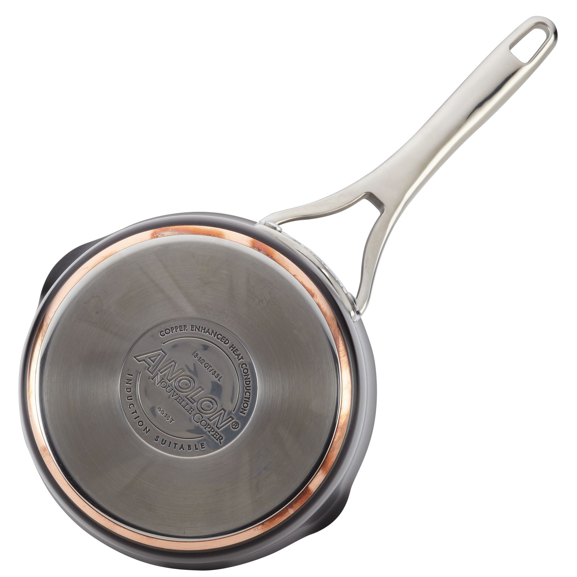 A top view of the Nouvelle Luxe 3.5-Quart Straining Saucepan highlights its stainless steel construction with a copper bottom, nonstick interior, and long handle. The center features the branding "Nouvelle Luxe," along with text indicating its compatibility with induction cooking and a convenient straining lid.