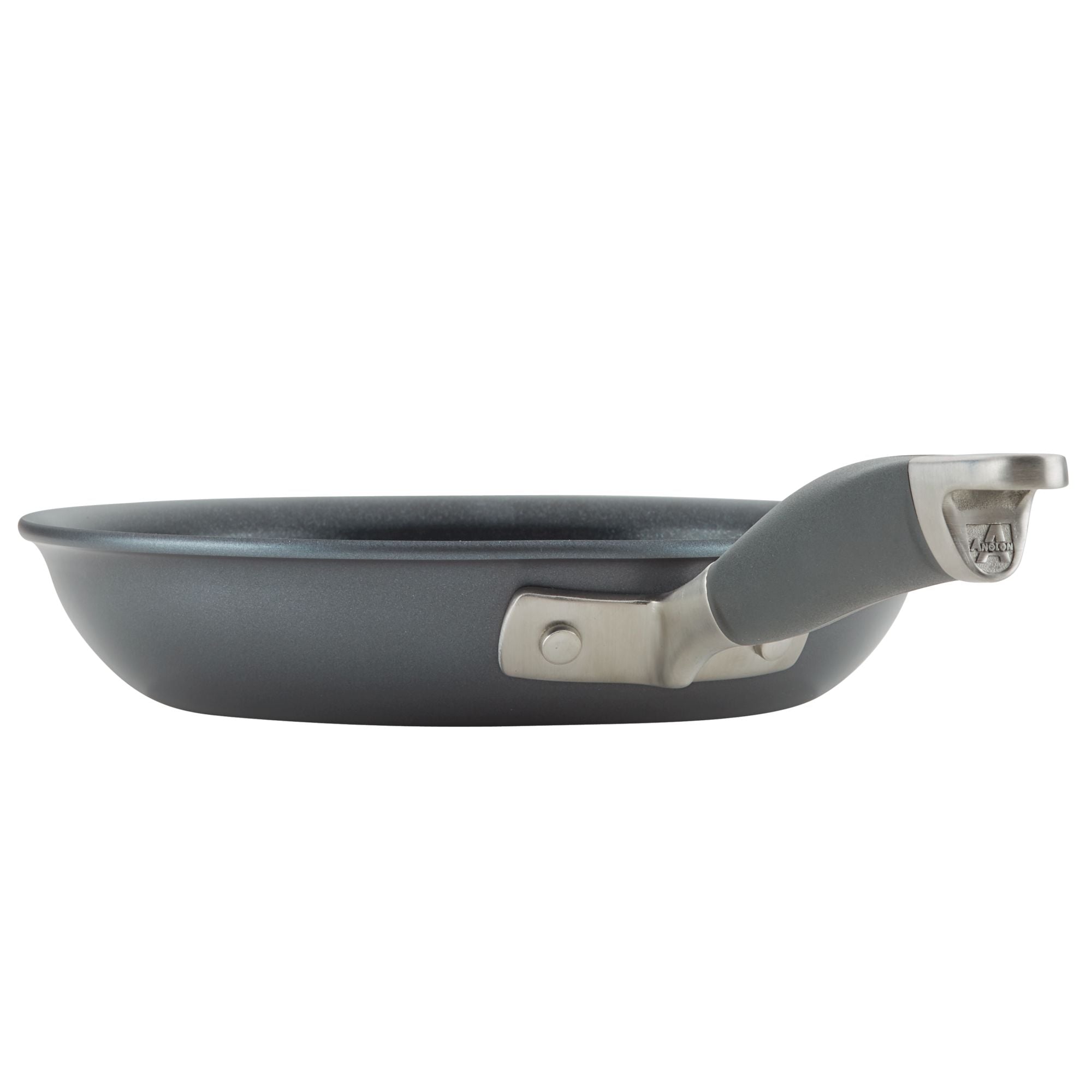 The 9.5-Inch Crepe Pan by Advanced Home is displayed from the side, featuring a gray nonstick surface and a metal handle. This pan's smooth surface and robust, elegant design make it ideal for effortless cooking.