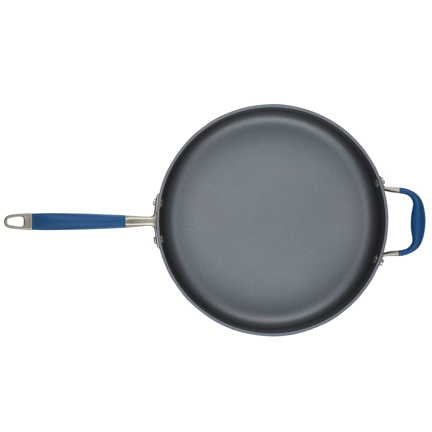 A 5-quart sauté pan from Advanced Home with nonstick coating, featuring a blue main handle and an extra smaller blue side helper handle, displayed from a top-down perspective on a plain white background.