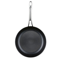 A black frying pan from the Anolon X 10-Piece Hybrid Nonstick Cookware Set, featuring a silver handle and PFOA-free nonstick cooking surface with a grid pattern for a sleek and efficient cooking experience, viewed from above.