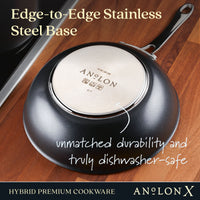 A 10-Inch Hybrid Nonstick Wok With Lid by Anolon X is shown upside down on a wooden surface. The text reads Edge-to-Edge Stainless Steel Base, unmatched durability and metal utensil safe, and Hybrid Premium Cookware.