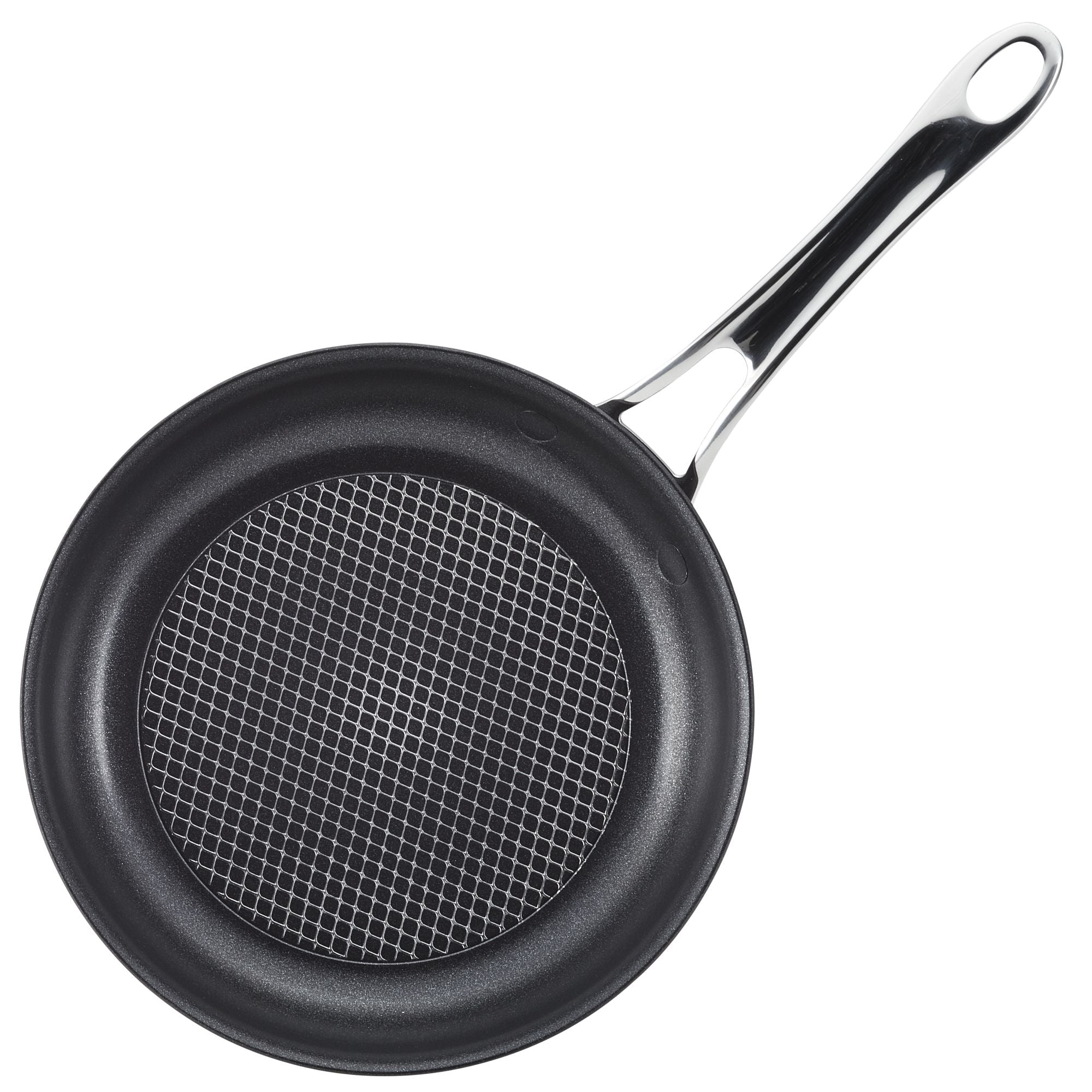The Anolon X 7-Piece Hybrid Nonstick Cookware Set includes a frying pan with SearTech technology and a grid pattern surface. It features a shiny metal handle with a hanging hole, is dishwasher-safe, and complements modern kitchens, presented on a plain white background.