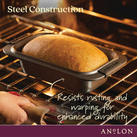 A fresh loaf of bread is taken from the oven in an Advanced 9 x 5-Inch Loaf Pan with Silicone Grips. Overlay: Steel Construction—resists rusting and warping for durability. Advanced branding appears at the bottom.