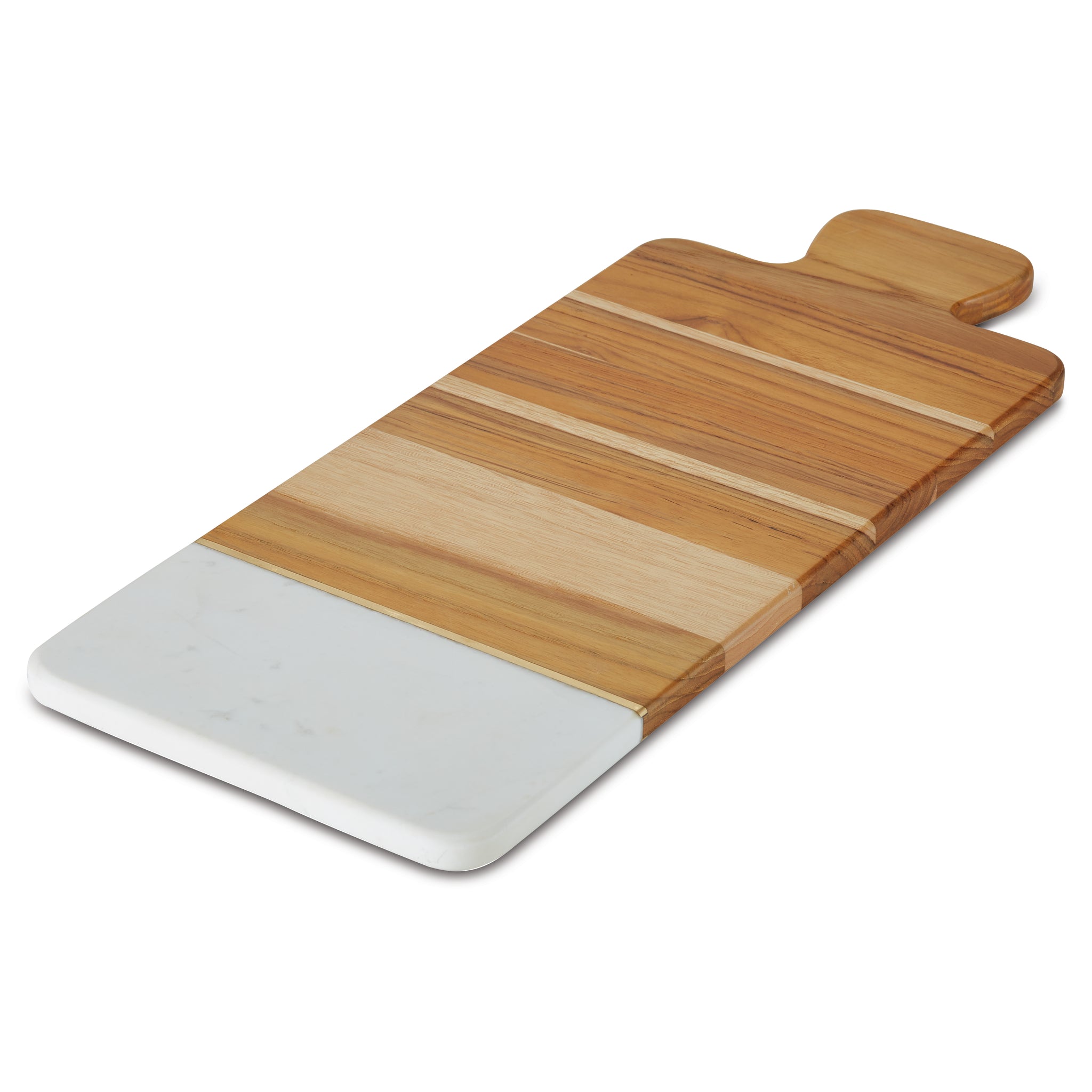 The Pantryware 19.5 x 8-Inch Cutting Board features a handle, alternating light and dark wood stripes, and a white marble section—adding stylish function to any kitchen or Anolon collection.