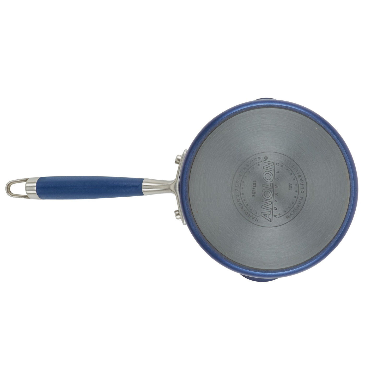 Top view of the Advanced Home 2-Quart Straining Saucepan, showcasing its blue exterior complemented by a stainless steel interior and handle, with a matching blue grip. Designed for lasting performance with hard-anodized durability, the bottom features branding and product details.