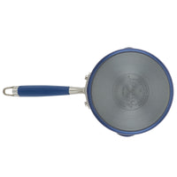 Top view of the Advanced Home 2-Quart Straining Saucepan, showcasing its blue exterior complemented by a stainless steel interior and handle, with a matching blue grip. Designed for lasting performance with hard-anodized durability, the bottom features branding and product details.