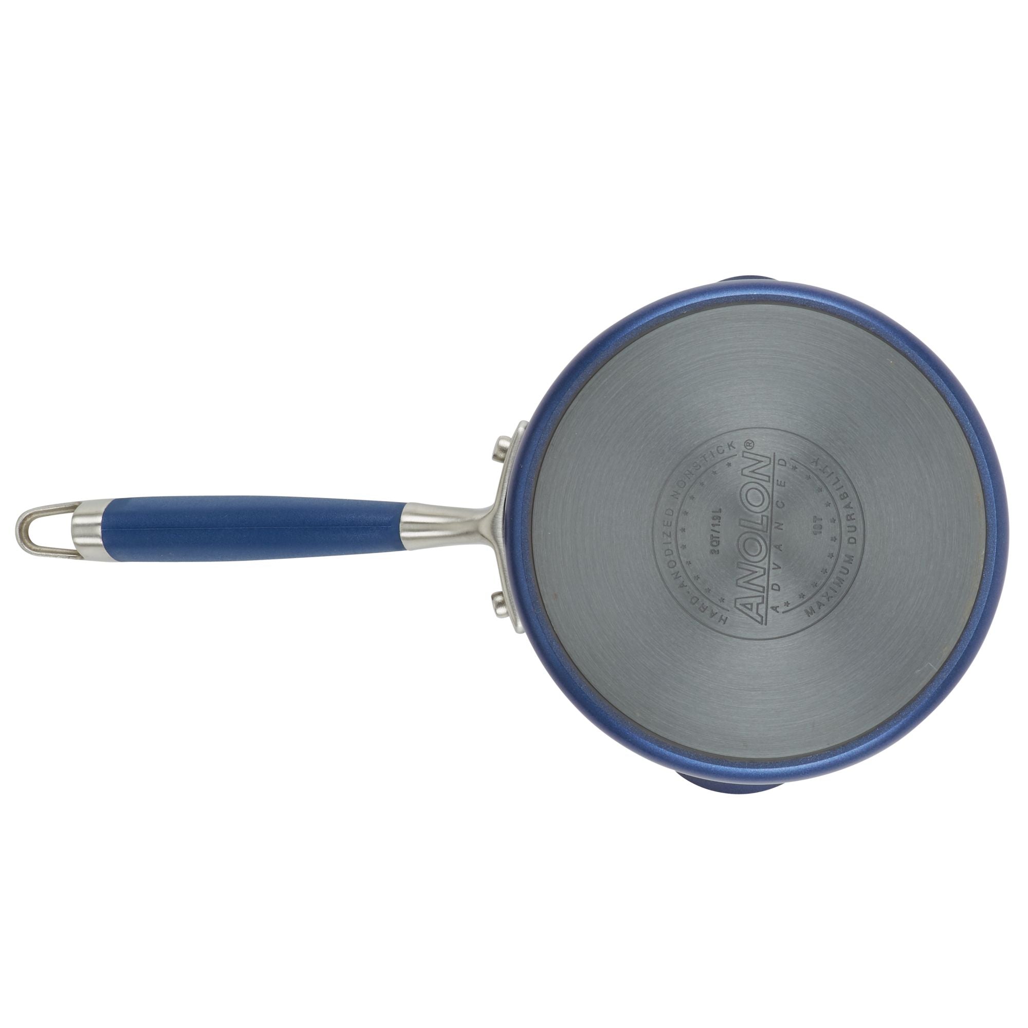 Top view of the Advanced Home 2-Quart Straining Saucepan, showcasing its blue exterior complemented by a stainless steel interior and handle, with a matching blue grip. Designed for lasting performance with hard-anodized durability, the bottom features branding and product details.