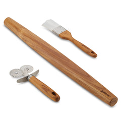 The Pasta Prep Tool Set by Tools and Gadgets, featuring a French-style rolling pin, a pastry wheel cutter with a wooden handle, and a pastry brush, elegantly rests on a pristine white background.