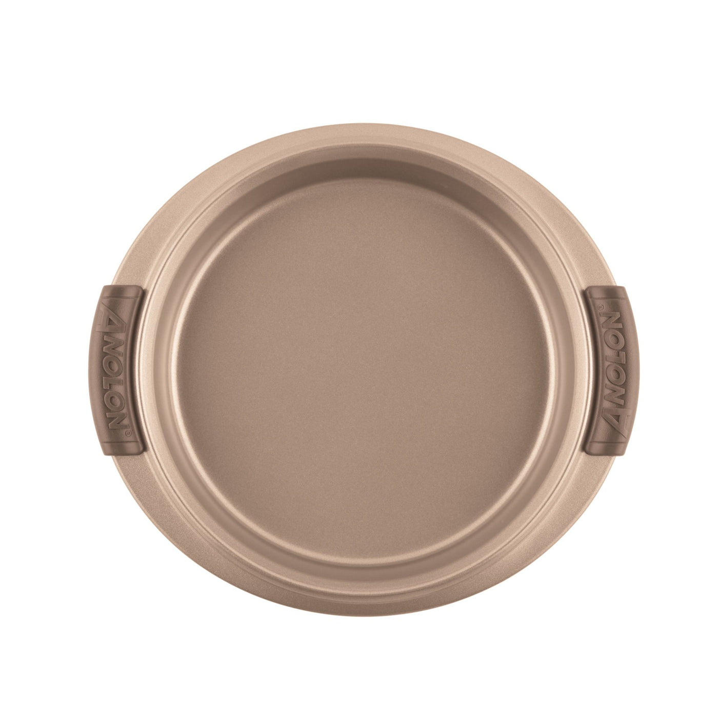 A 9-inch round cake pan labeled with Advanced features brown silicone grips on either side, offering easy handling and perfect baking results. The interior is smooth and metallic, ensuring nonstick performance when viewed from the top down.