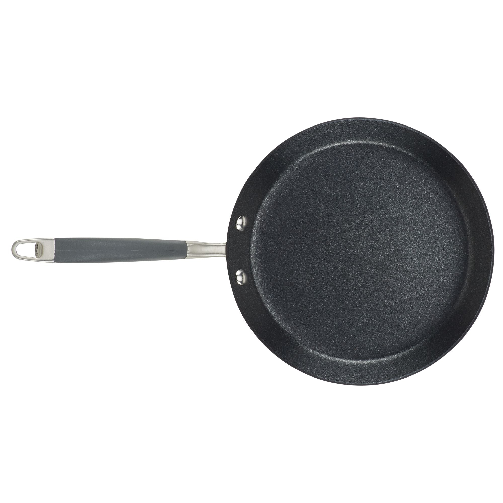 The 9.5-Inch Crepe Pan from Advanced Home, featuring a black non-stick surface and a grey handle, is shown from above on a white background and guarantees effortless cooking.