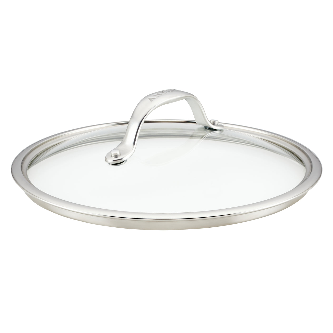 The 10-Inch Anolon X Glass Replacement Lid, made from durable tempered glass, includes a stainless steel rim and an arched handle for easy grip. Its modern design complements any pots and pans collection beautifully.