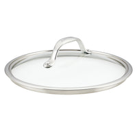 The 10-Inch Anolon X Glass Replacement Lid, made from durable tempered glass, includes a stainless steel rim and an arched handle for easy grip. Its modern design complements any pots and pans collection beautifully.