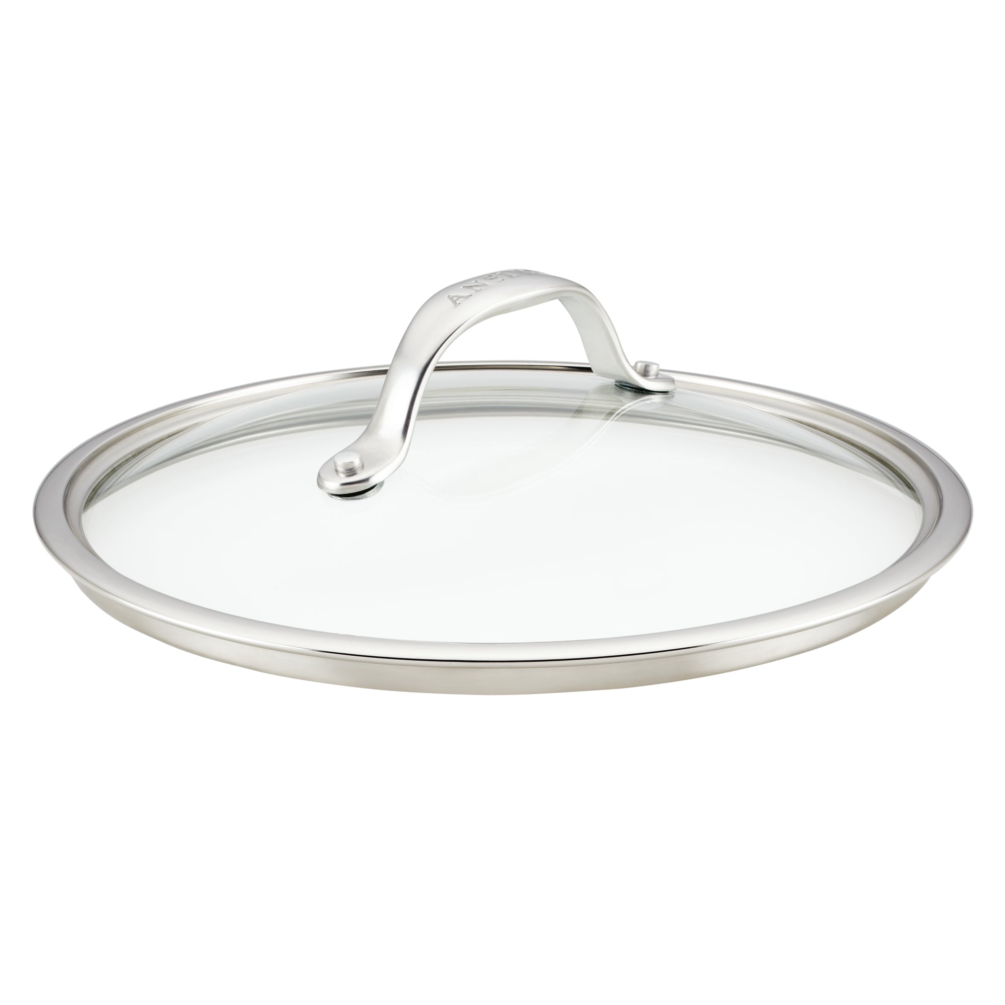 The 10-Inch Anolon X Glass Replacement Lid, made from durable tempered glass, includes a stainless steel rim and an arched handle for easy grip. Its modern design complements any pots and pans collection beautifully.