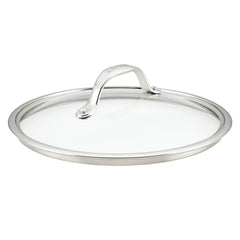 The 10-Inch Anolon X Glass Replacement Lid by AnolonX is crafted from stainless steel and tempered glass, designed specifically for Anolon X pots or pans. It features a curved handle on top and is slightly angled to highlight its shiny finish and transparent center, making it ideal for viewing contents while cooking.