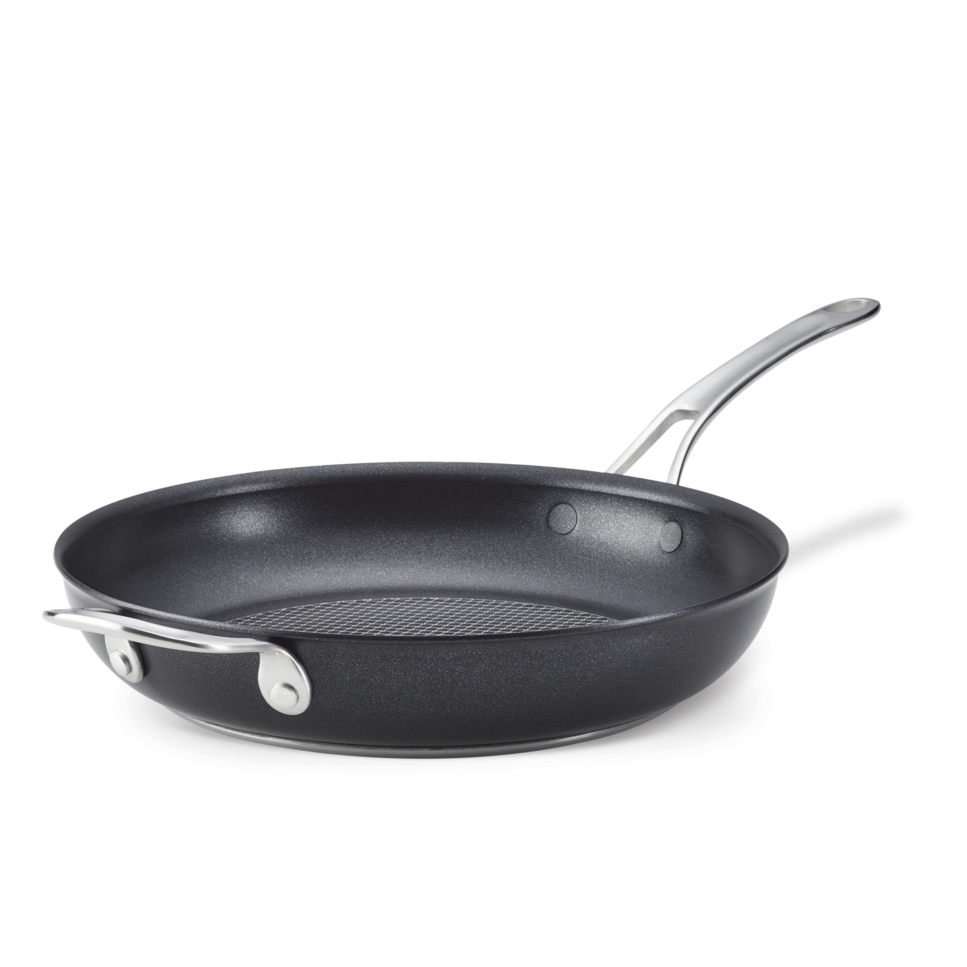 The Anolon X 12-Inch Hybrid Nonstick Frying Pan by Anolon X features SearTech™ technology, a nonstick black finish, and two silver metal handles—one long, one short—shown against a white background.