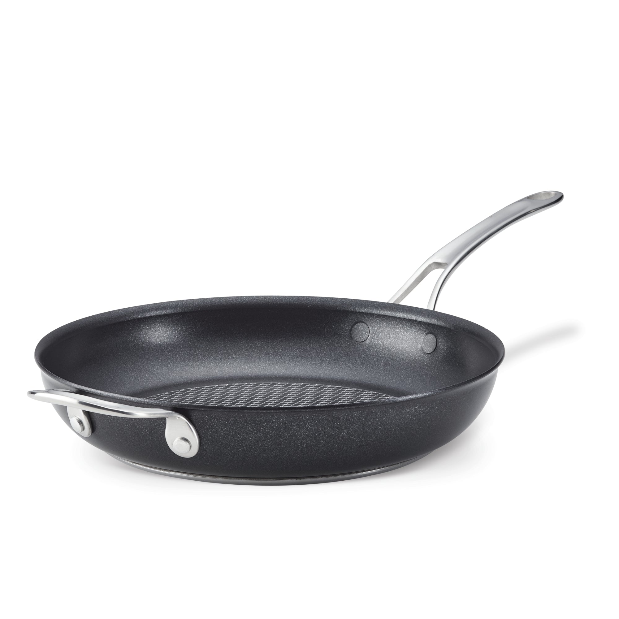 The Anolon X 12-Inch Hybrid Nonstick Frying Pan by Anolon X features SearTech™ technology, a nonstick black finish, and two silver metal handles—one long, one short—shown against a white background.