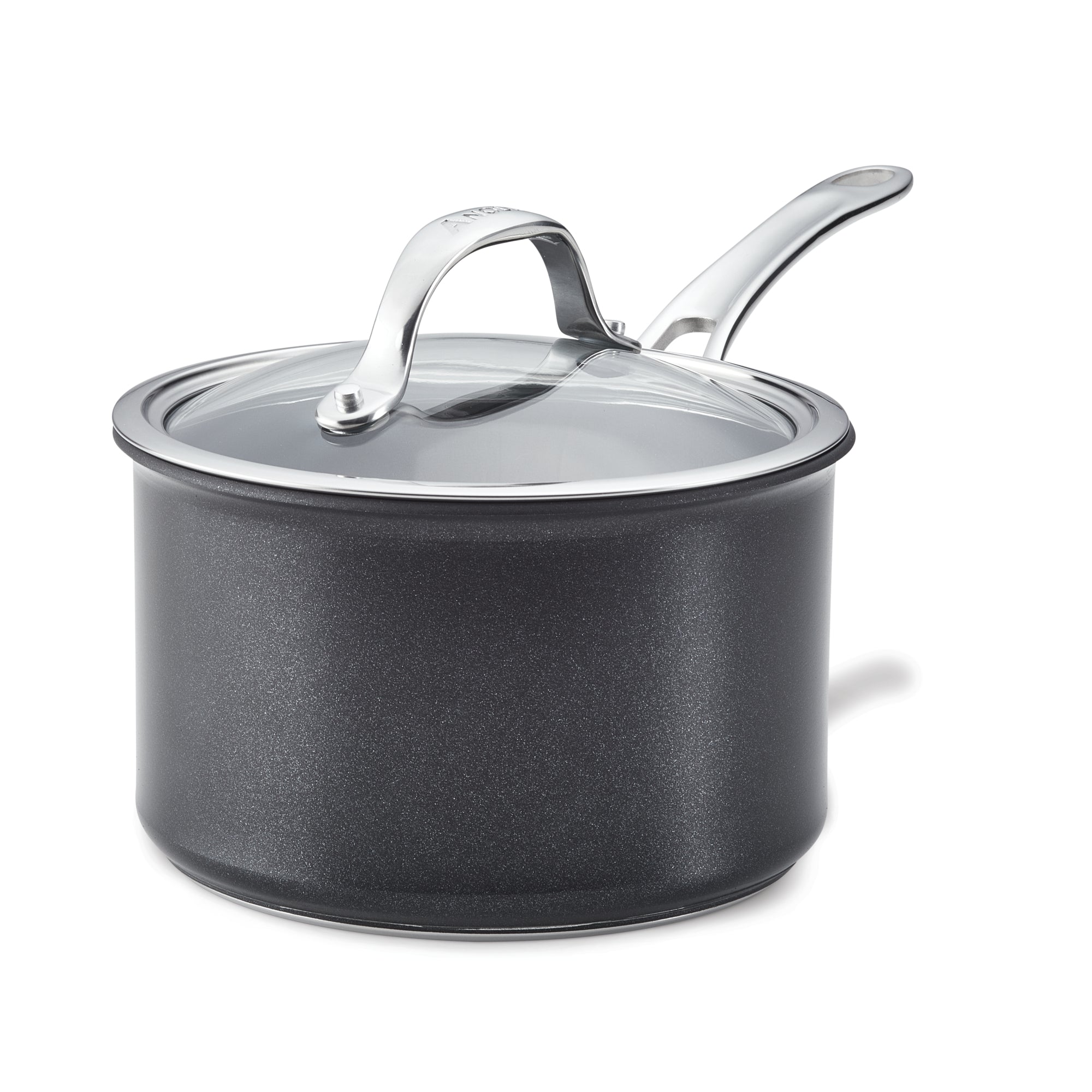 The Anolon X 3-Quart Hybrid Nonstick Saucepan with Lid features advanced SearTech technology. It has a black finish with a shiny metal handle and matching glass lid, reflecting light on its surface against a plain white background.