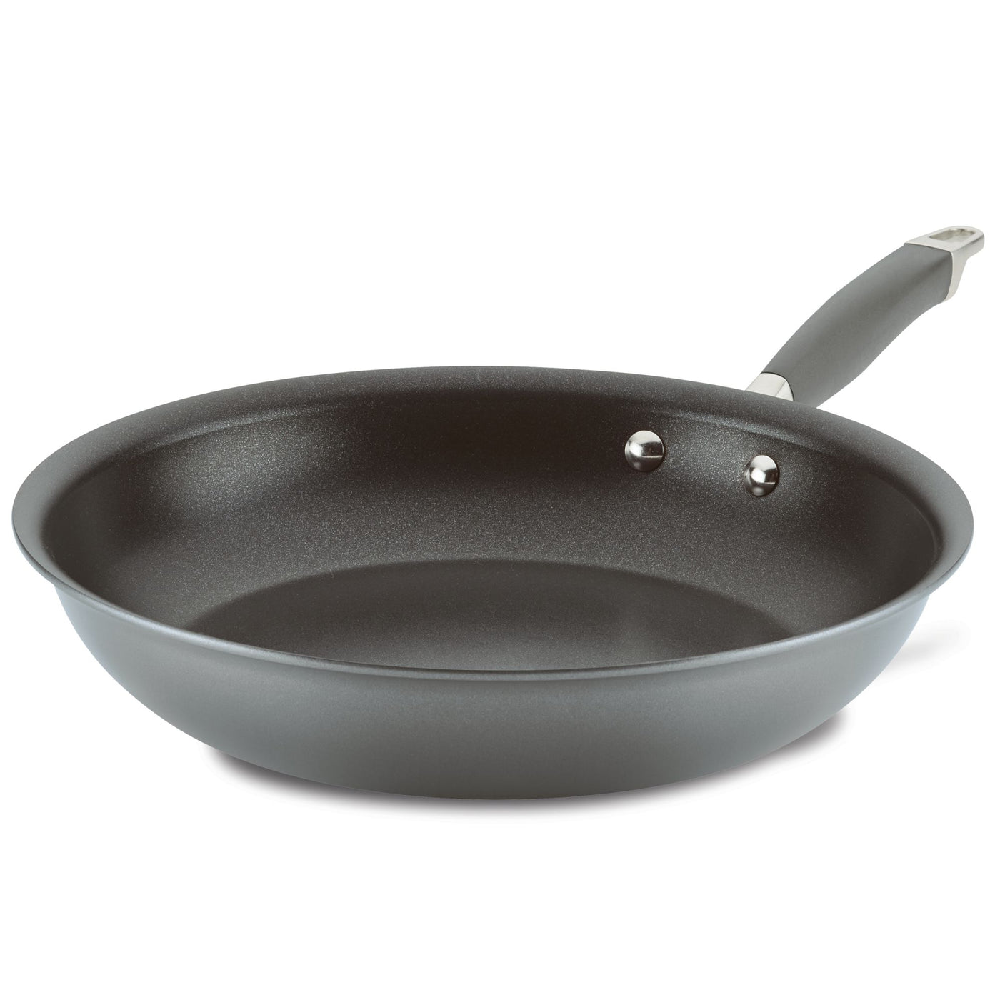 An Advanced Home Frying Pan, featuring a black Infinity Slide nonstick surface and a gray handle, is angled gracefully on a white background.