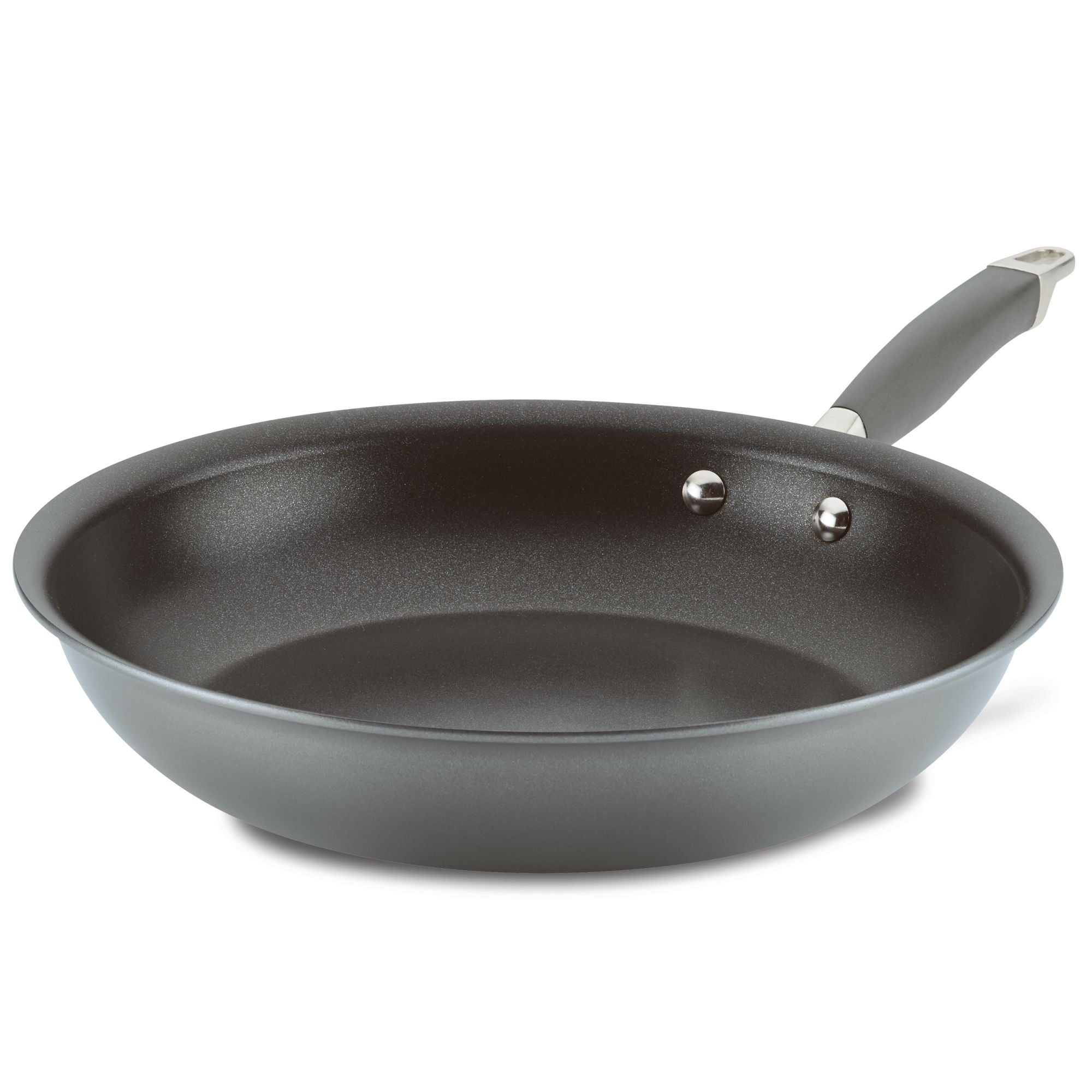 An Advanced Home Frying Pan, featuring a black Infinity Slide nonstick surface and a gray handle, is angled gracefully on a white background.