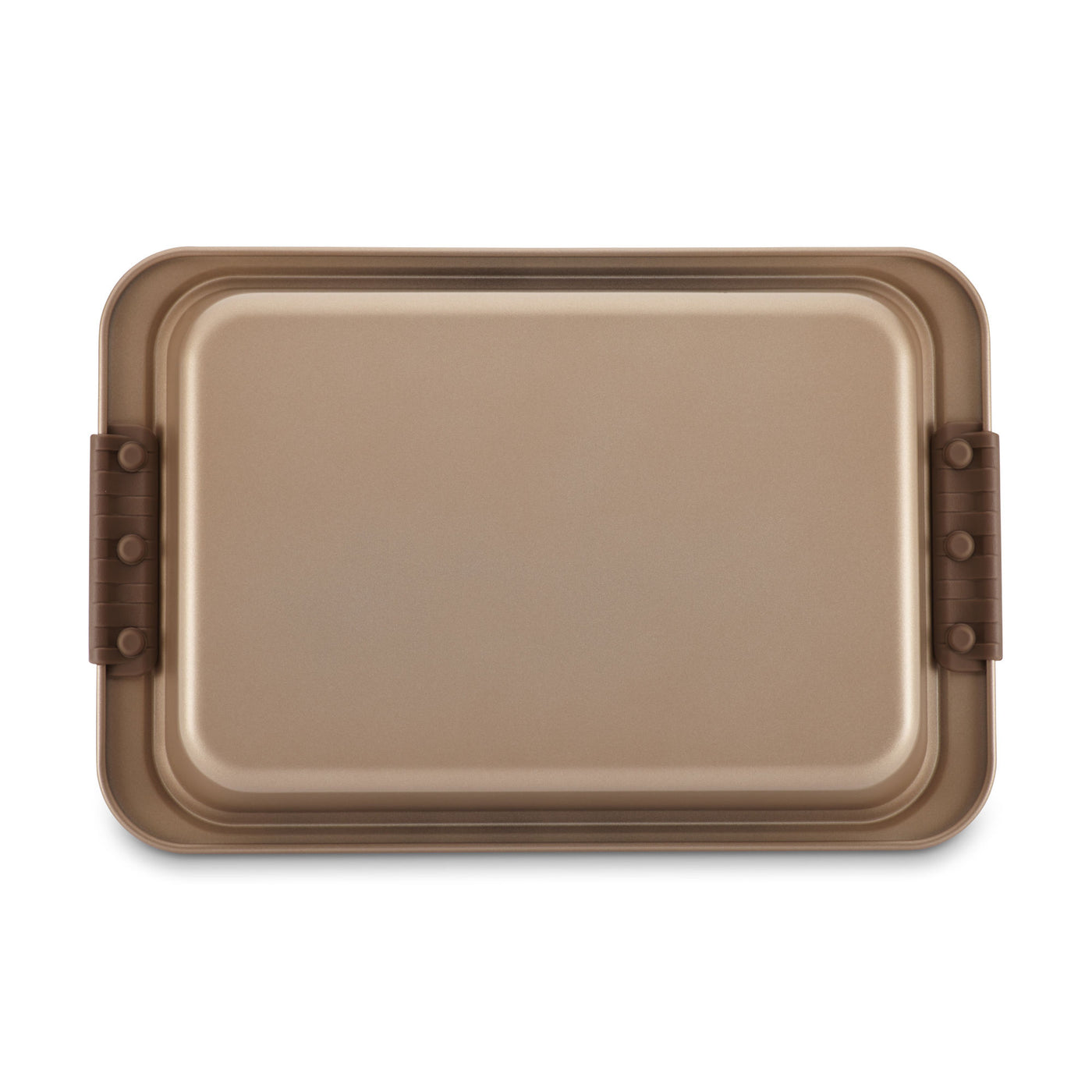 The Advanced 9 x 13-Inch Cake Pan with Lid features a nonstick coating and brown silicone side handles, shown from above on a white background—ideal for versatile baking.