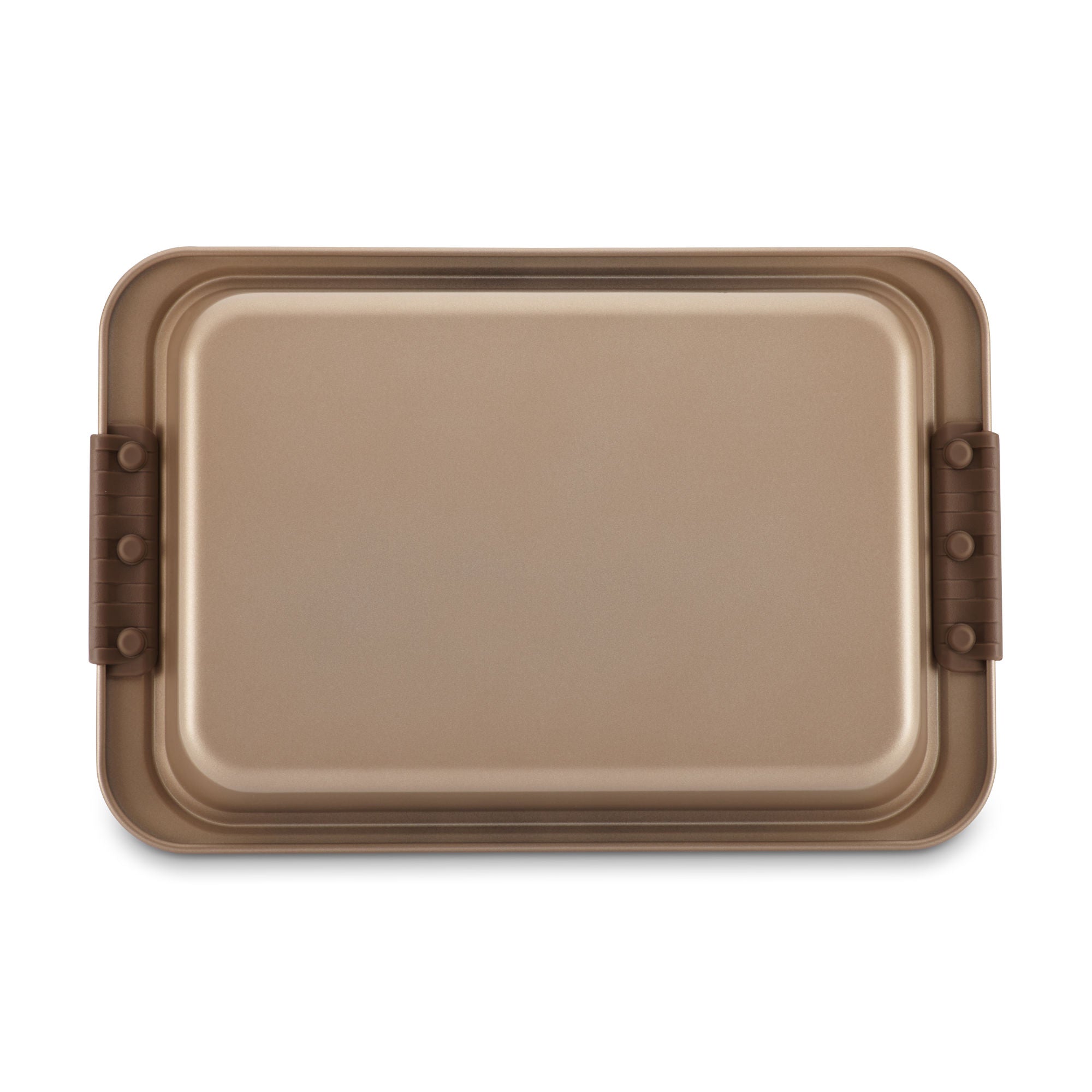 The Advanced 9 x 13-Inch Cake Pan with Lid features a nonstick coating and brown silicone side handles, shown from above on a white background—ideal for versatile baking.