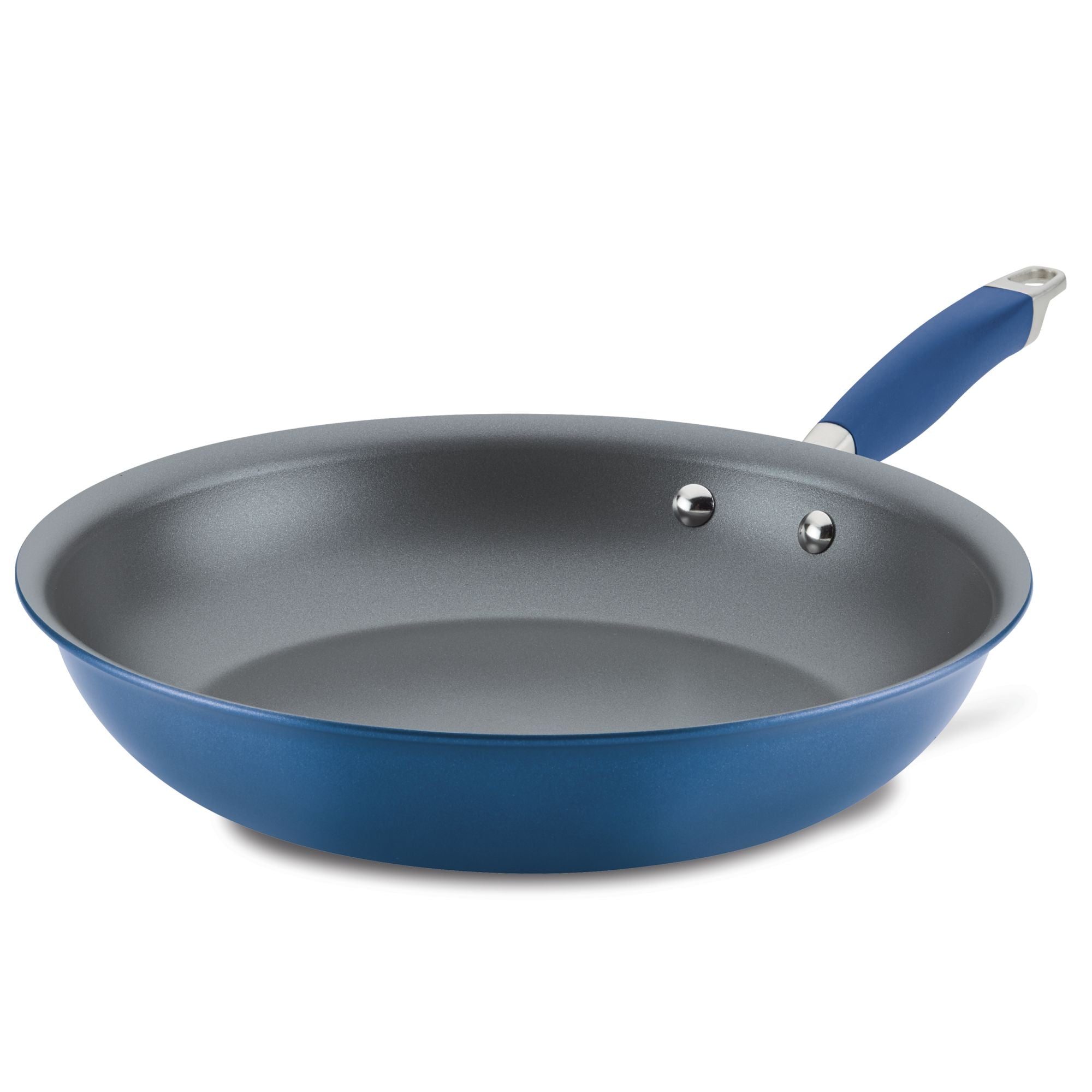 The Advanced Home Frying Pan is shown on a white background. Its sleek, gray interior pairs beautifully with the blue design, and the handle includes a matching grip along with a convenient metal loop for hanging.