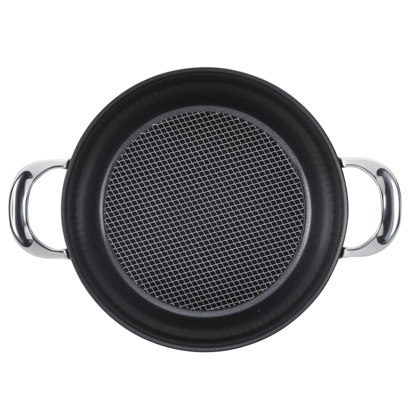 Top view of the Anolon X 4-Quart Hybrid Nonstick Casserole Pan with a grid pattern and stainless steel base, featuring two silver handles, set against a white background.