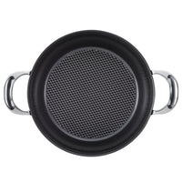 Top view of the Anolon X 4-Quart Hybrid Nonstick Casserole Pan with a grid pattern and stainless steel base, featuring two silver handles, set against a white background.