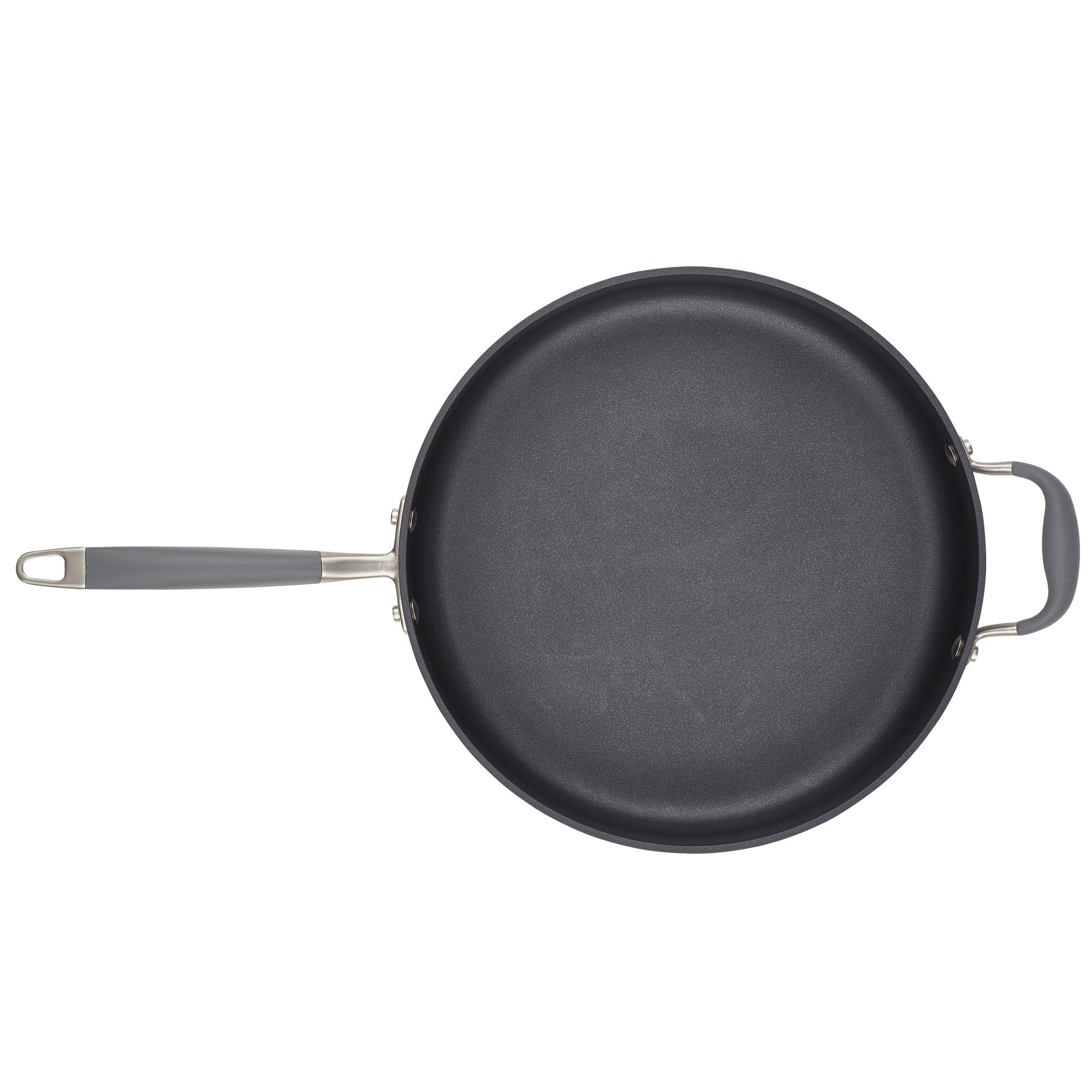 The 5-Quart Sauté Pan with Helper Handle by Advanced Home is a nonstick pan featuring a long handle and an additional smaller loop handle on the opposite side, set against a white background. Its dark interior surface has a smooth finish, ideal for even heating and effortless flipping.