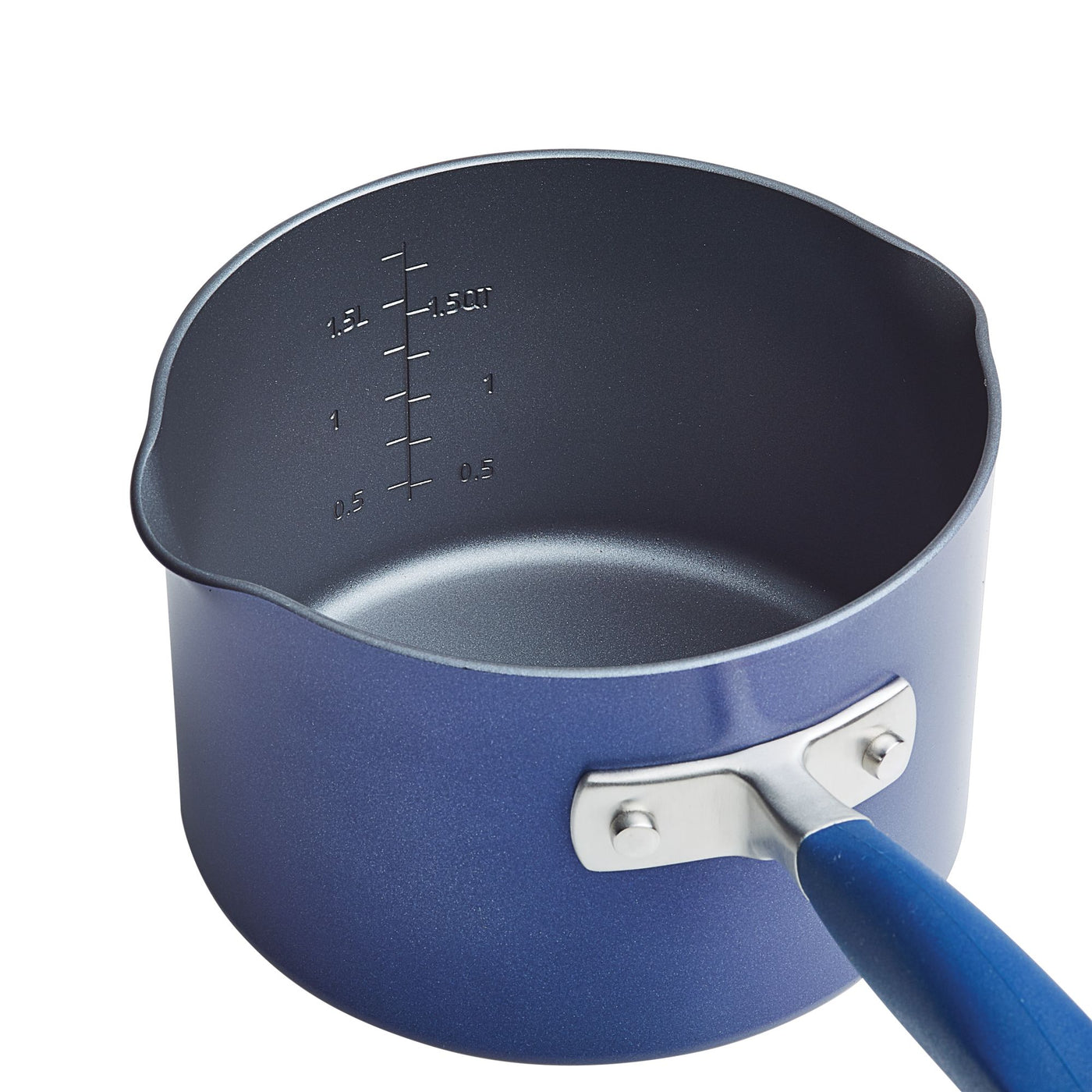 The Advanced Home 2-Quart Straining Saucepan in blue features a handle and measurement markings from 0.5 to 1.5 quarts, marked in increments of 0.5. It boasts a nonstick interior paired with hard-anodized durability, while the matching blue exterior and handle are elegantly connected by a sleek silver metal connector.