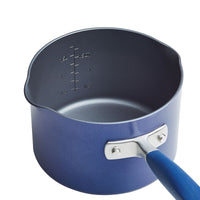 The Advanced Home 2-Quart Straining Saucepan in blue features a handle and measurement markings from 0.5 to 1.5 quarts, marked in increments of 0.5. It boasts a nonstick interior paired with hard-anodized durability, while the matching blue exterior and handle are elegantly connected by a sleek silver metal connector.